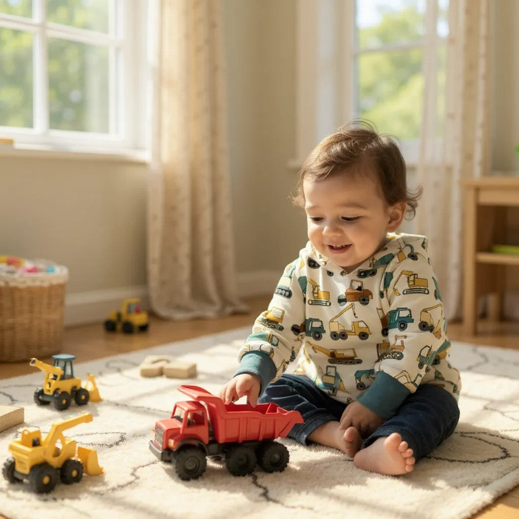 Child wearing construction vehicle hoodie playing with toy trucks on a rug in a room with large windows.