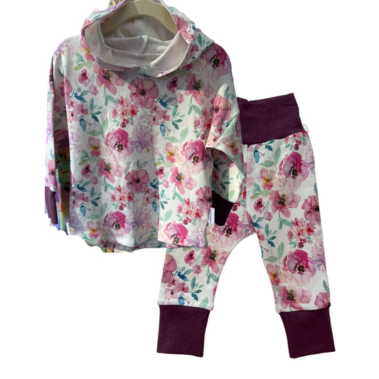 Pink Purple Floral 2-Piece Matching Hoodie Joggers Set