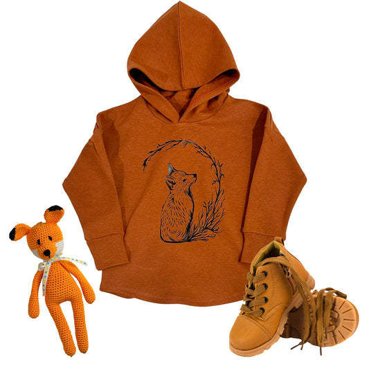 Fox Graphic Design on Rust Sweat Fleece Hooded T-shirt