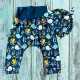 Cute Ocean Theme Cuffless Harem Pants with Matching Top Knot Hat