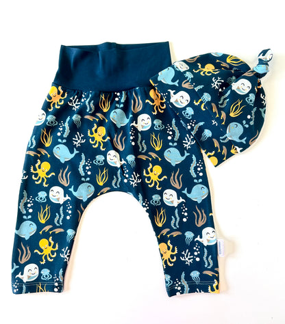 Cute Ocean Theme Organic Cotton Cuffless Harem Pants with Matching Top Knot Hat