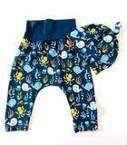 Cute Ocean Theme Cuffless Harem Pants with Matching Top Knot Hat