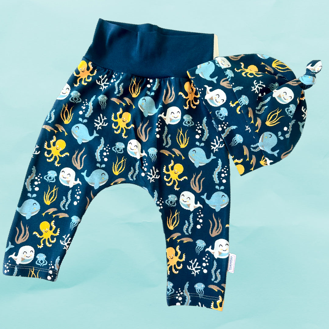 Cute Ocean Theme Organic Cotton Cuffless Harem Pants with Matching Top Knot Hat