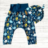 Cute Ocean Theme Cuffless Harem Pants with Matching Top Knot Hat