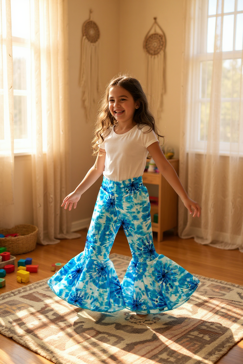 Blue Tie Dye Print Twirly Circle Bell Pants