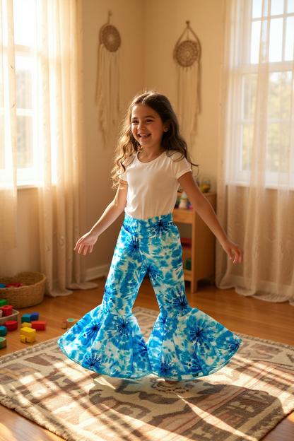 Blue Tie Dye Print Twirly Circle Bell Pants