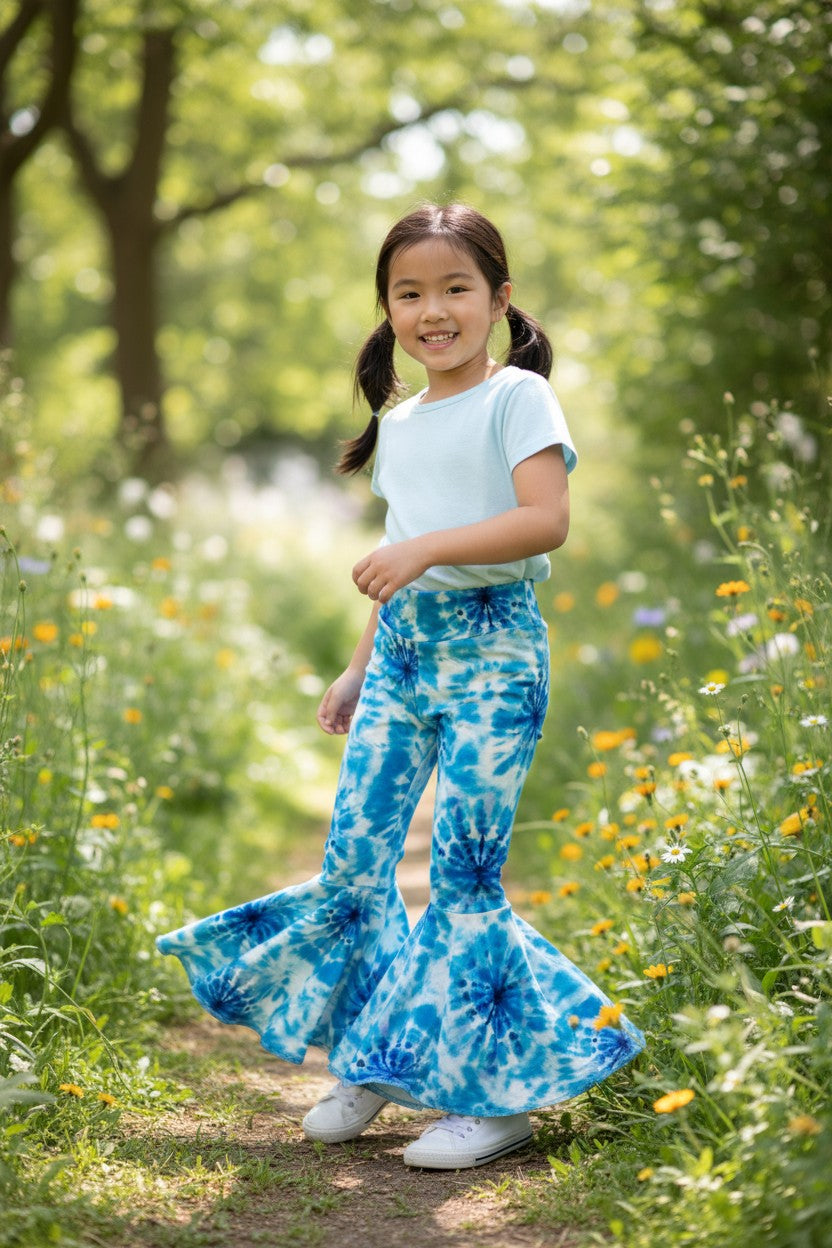 Blue Tie Dye Print Twirly Circle Bell Pants