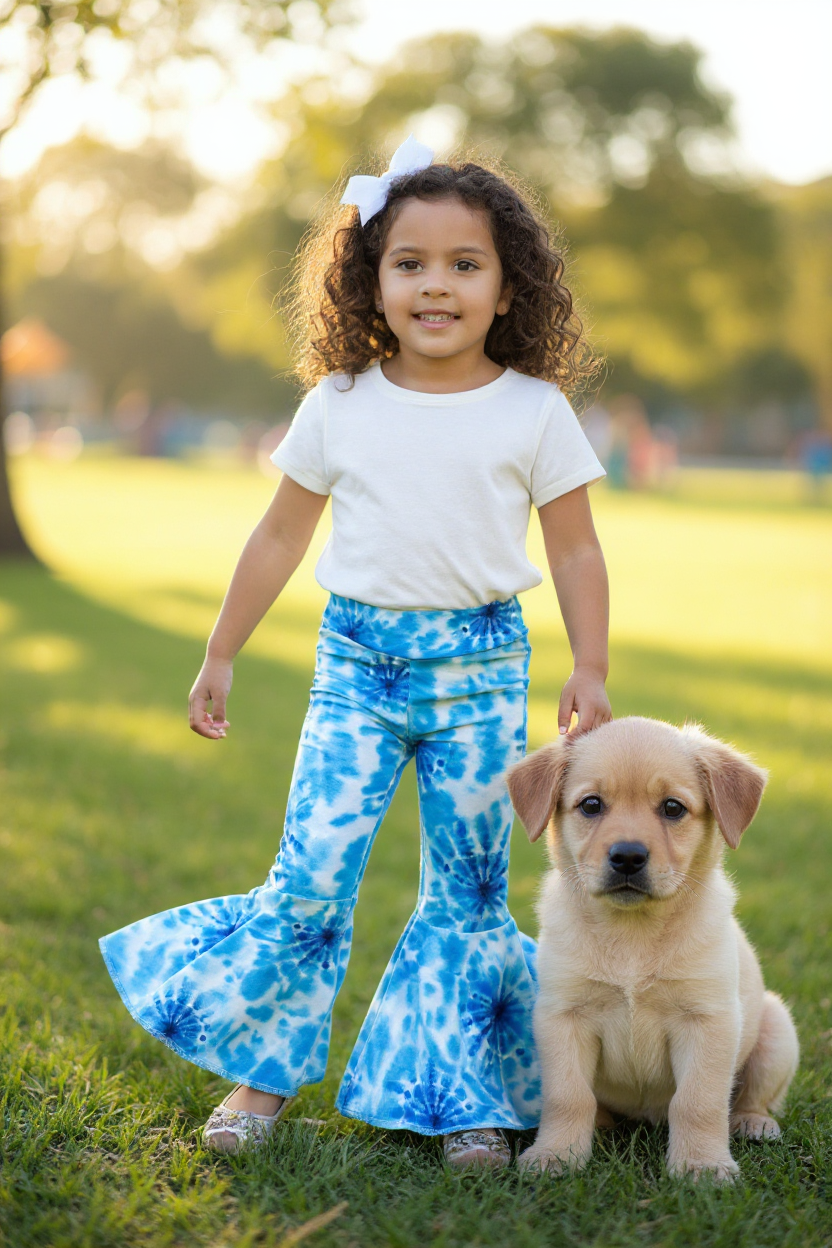 Blue Tie Dye Print Twirly Circle Bell Pants