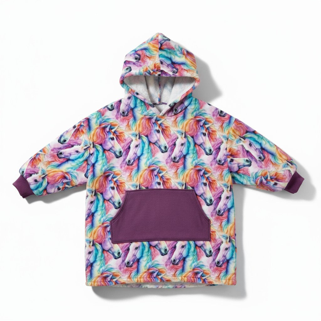 Colorful unicorn-patterned jacket on a white background