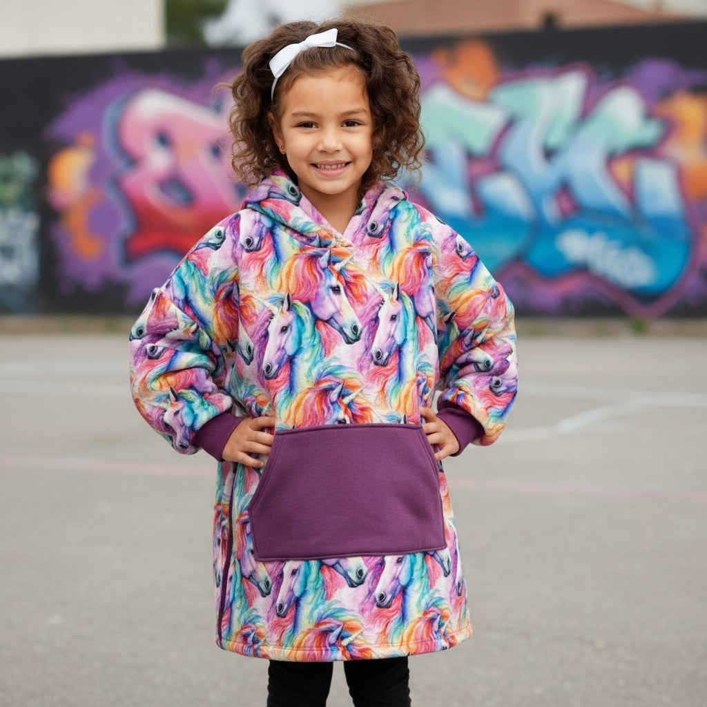 Child wearing a colorful unicorn hoodie with a graffiti wall in the background