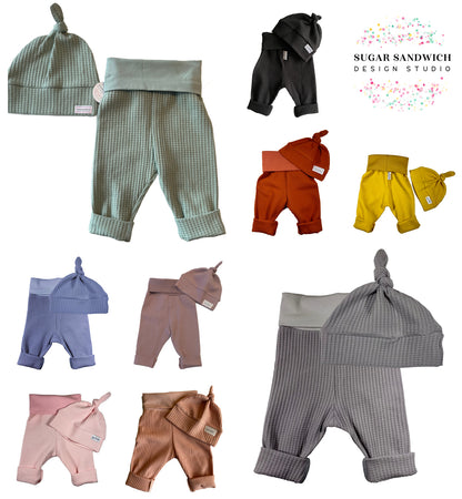 Rose Pink Waffle Knit Infant Lounge Set Pants & Top Knot Hat