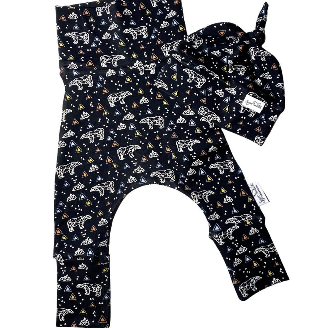 Black Geometric Bear Harem Grow Along® Pants & Top Knot Hat Organic Cotton - Sugar Sandwich Design