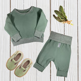 Sage Green Waffle Knit Lounge Pants with Top Knot Hat