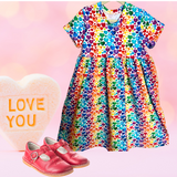 Rainbow Hearts Short Sleeve Play Gathered Dress Stretch Knit