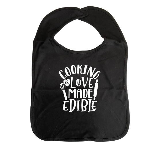 COOKING IS LOVE Adult sized Cover-up BIB with Imprinted Slogan