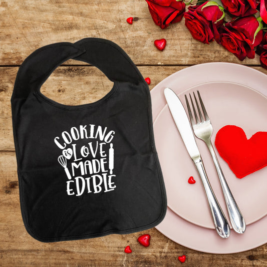 COOKING IS LOVE Adult sized Cover-up BIB with Imprinted Slogan