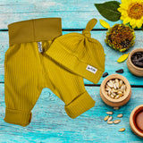 Mustard Yellow Waffle Knit Grow Along® Infant Lounge Pants with Top Knot Hat