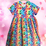 Rainbow Hearts Short Sleeve Play Gathered Dress Stretch Knit