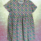 Mermaid Scales Pastel Rainbow Print Gathered Short Sleeve Play Dress Stretch Knit