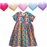 Rainbow Hearts Short Sleeve Play Gathered Dress Stretch Knit