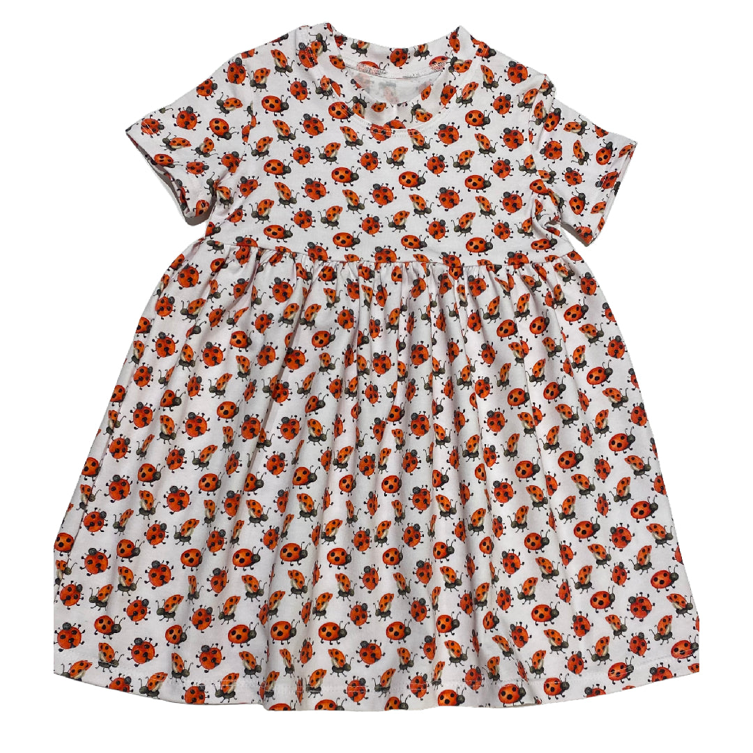 Ladybug Print Gathered Short Sleeve Play Date Dress Stretch Knit