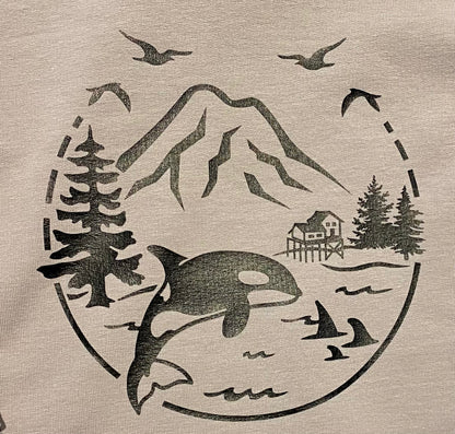 Diseño gráfico de ballena en camiseta gris con capucha
