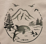 Diseño gráfico de ballena en camiseta gris con capucha