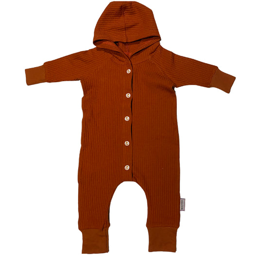Paprika Playsuit Waffle Knit Hooded Snap Front Raglan Long Sleeve One-Piece Romper