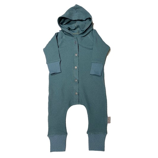 Combishort bleu/vert en tricot gaufré, capuche, boutons-pression sur le devant, manches longues raglan, barboteuse une pièce