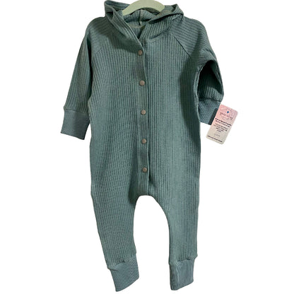 Blue/Green Playsuit Waffle Knit Hooded Snap Front Raglan Long Sleeve One-Piece Romper