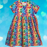 Rainbow Hearts Short Sleeve Play Gathered Dress Stretch Knit