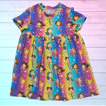 Rainbow Mermaid Print Gathered Short Sleeve Play Date Dress Stretch Knit