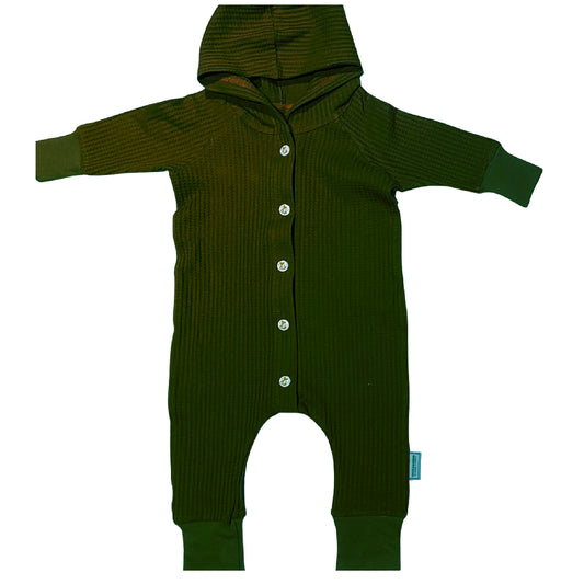 Combishort vert armée en tricot gaufré à capuche avec boutons-pression sur le devant et manches longues raglan, barboteuse une pièce