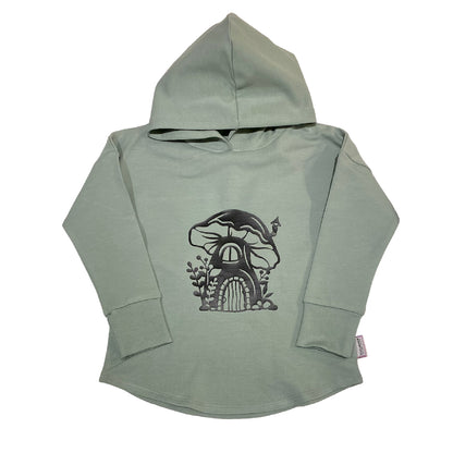 Toadstool Graphic House Design on Sage Green Hooded T-shirt