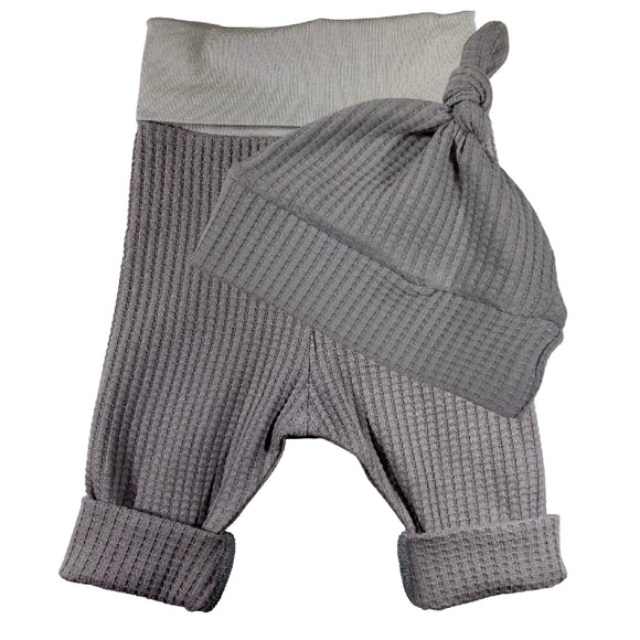 Grey Neutral Waffle Knit Grow Along® Infant Lounge Pants with Top Knot Hat