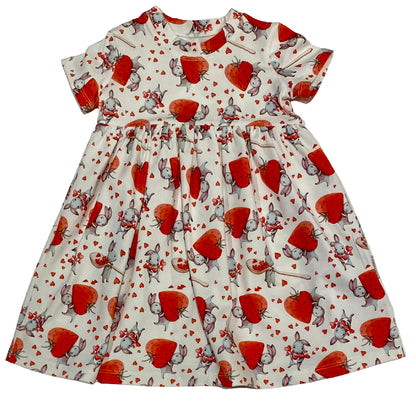 Strawberry Hearts Short Sleeve Play Gathered Dress Stretch Knit