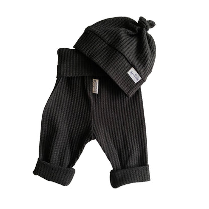 Black Licorice Waffle Knit Lounge Pants with Top Knot Hat