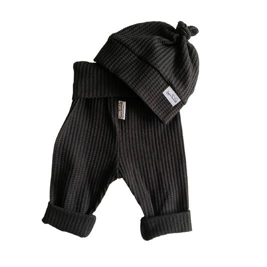 Black Licorice Waffle Knit Lounge Pants with Top Knot Hat