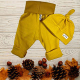 Mustard Yellow Waffle Knit Grow Along® Infant Lounge Pants with Top Knot Hat