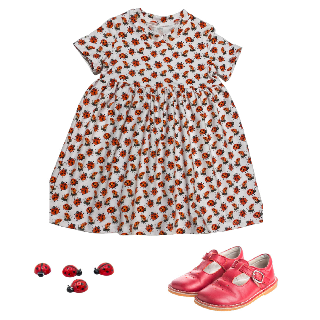 Ladybug Print Gathered Short Sleeve Play Date Dress Stretch Knit