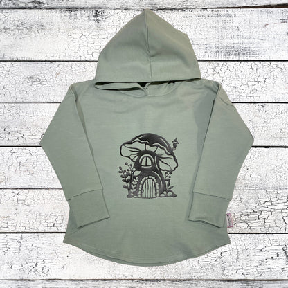 CLEARANCE Toadstool Graphic House Design on Sage Green Hooded T-shirt