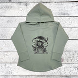 Toadstool Graphic House Design on Sage Green Hooded T-shirt
