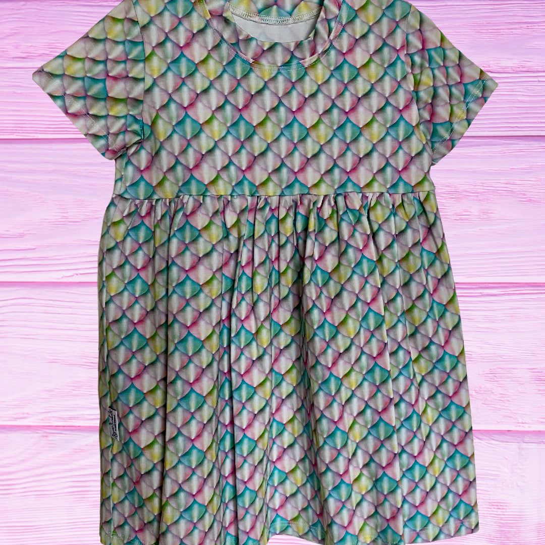 Mermaid Scales Pastel Rainbow Print Gathered Short Sleeve Play Dress Stretch Knit