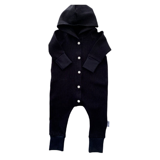 Black Licorice Playsuit Waffle Knit Hooded Snap Front Raglan Long Sleeve One-Piece Romper