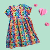Rainbow Hearts Short Sleeve Play Gathered Dress Stretch Knit