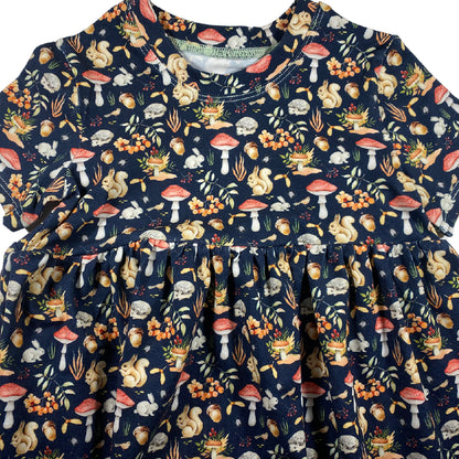 Woodlands Print with Toadstools and Squirrels Gathered Short Sleeve Play Date Dress Stretch Knit