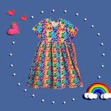 Rainbow Hearts Short Sleeve Play Gathered Dress Stretch Knit