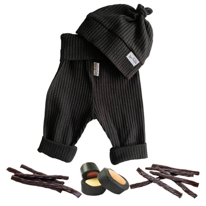 Black Licorice Waffle Knit Lounge Pants with Top Knot Hat