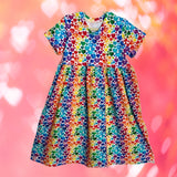 Rainbow Hearts Short Sleeve Play Gathered Dress Stretch Knit