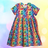 Rainbow Hearts Short Sleeve Play Gathered Dress Stretch Knit